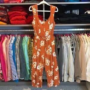 BOG Collective terracotta/white floral smocked back cropped jumpsuit size S